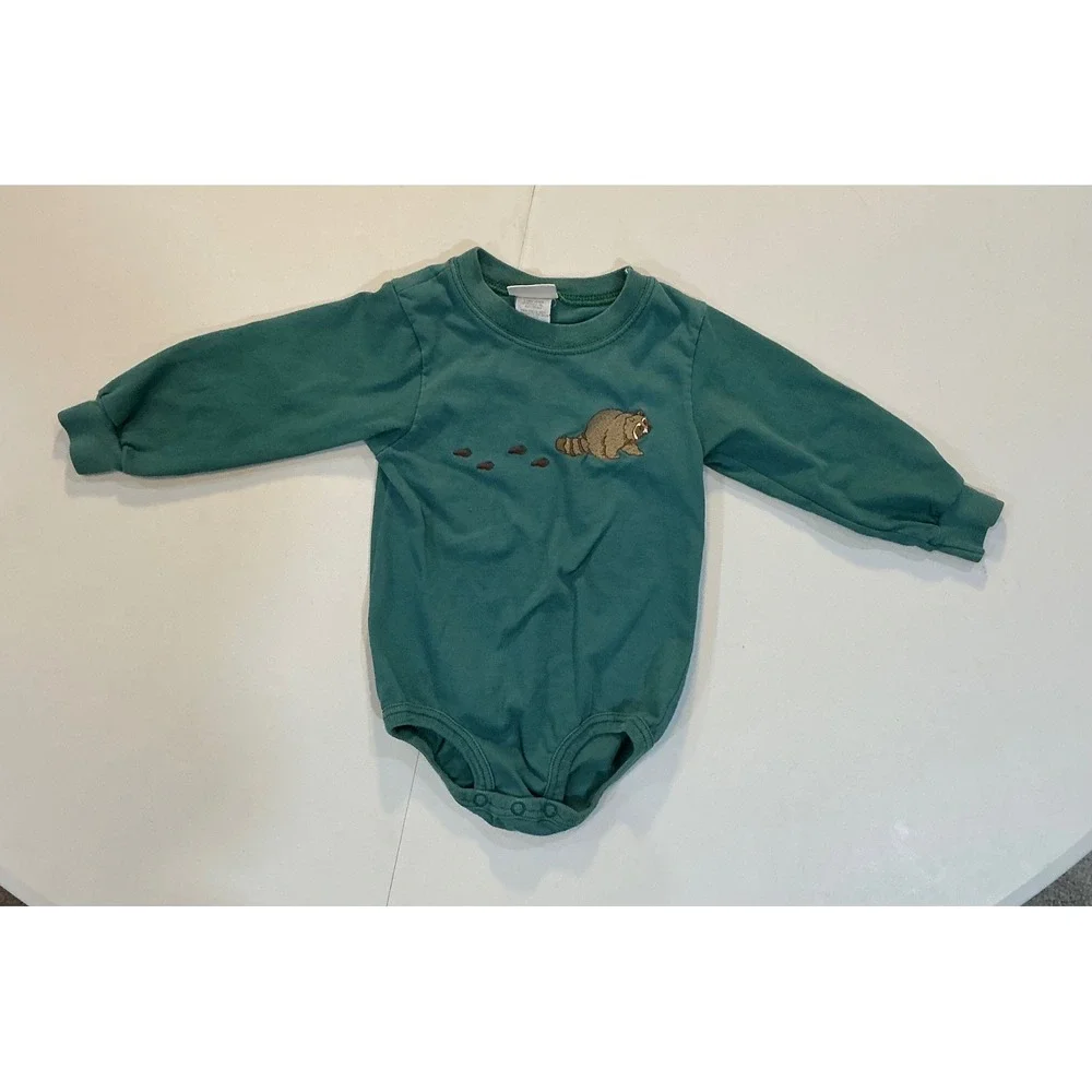 VTG Carters Bodysuit Embroidered Raccoon Baby 12-18M Green Long Sleeve Nature